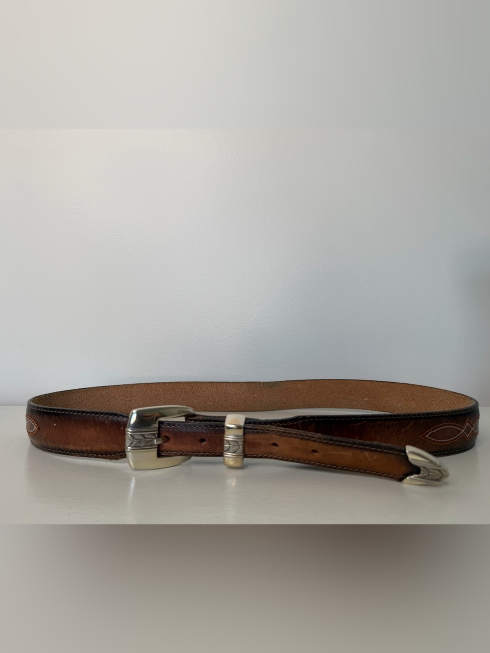 Vintage Justin Brown Western Belt Top Grain Leather Silver Buckle Cowboy made US